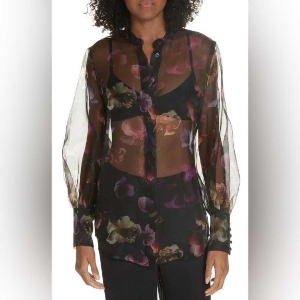 NWT Equipment Femme Women’s Boleyn Button Front Floral Sheer Silk Blouse Size M